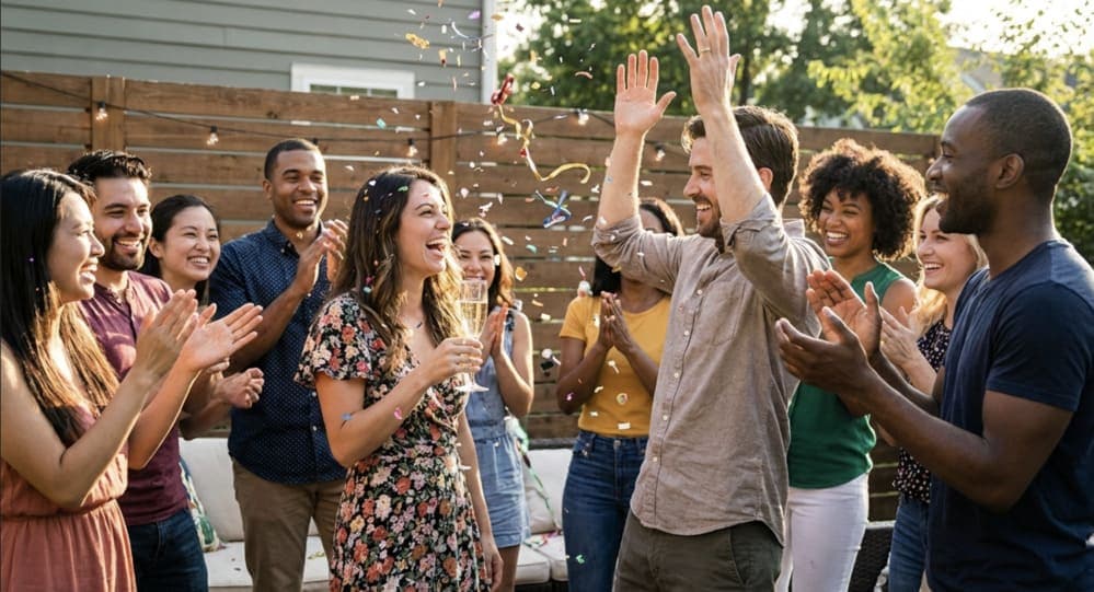 People celebrating at a party with confetti